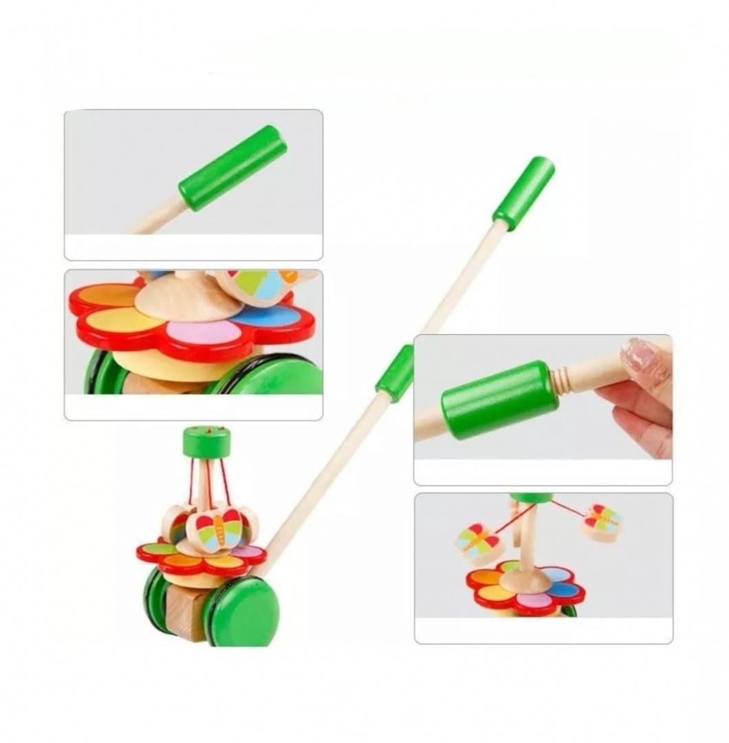 Jucarie de impins din lemn, Fluturasi, multicolor, 55 cm