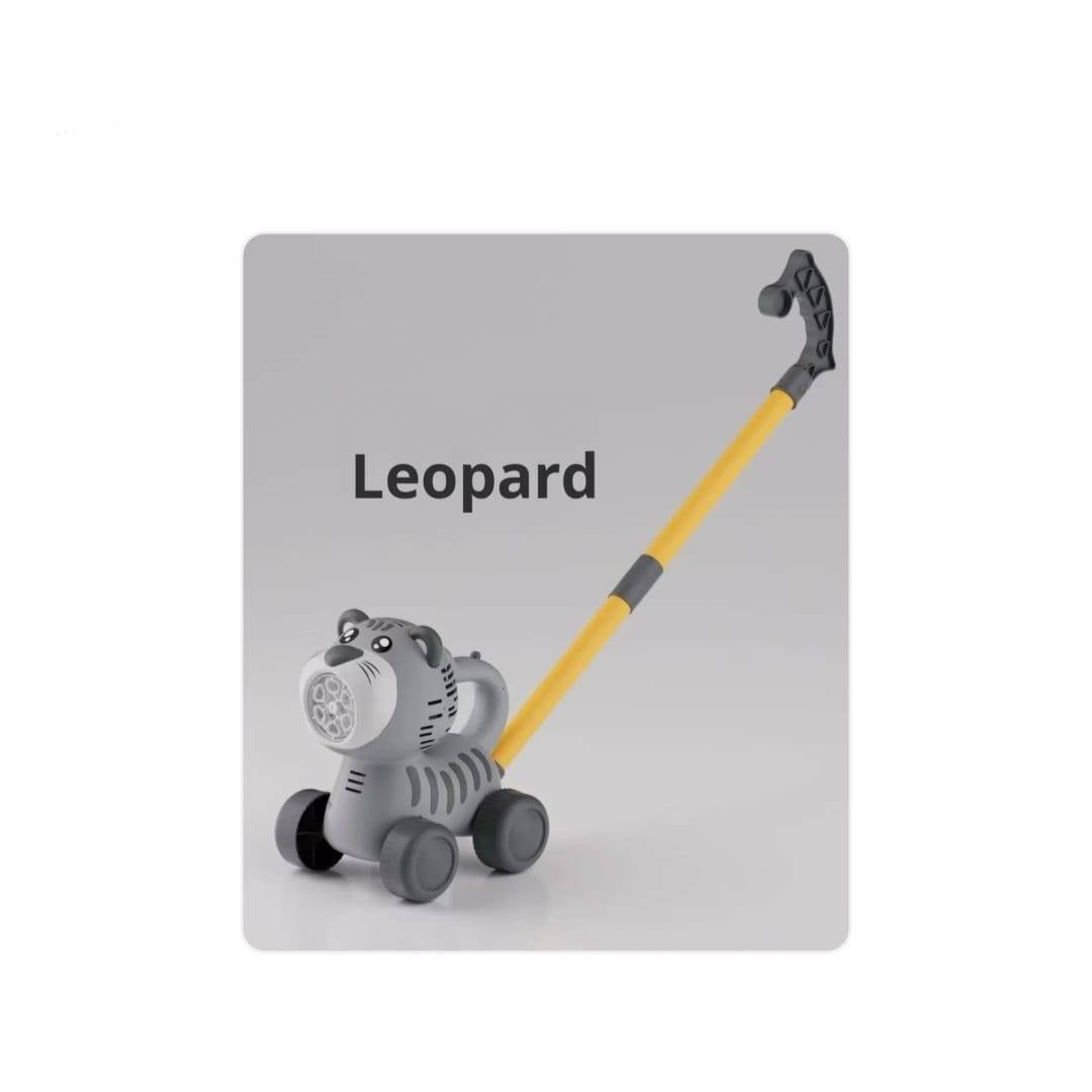 Jucarie de impins, Leopard, cu lansator de baloane de sapun, gri