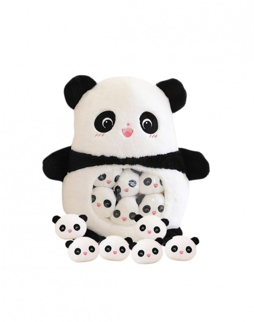 Jucarie de plus tip perna, Panda cu 6 pui, alb/multicolor, 45 cm