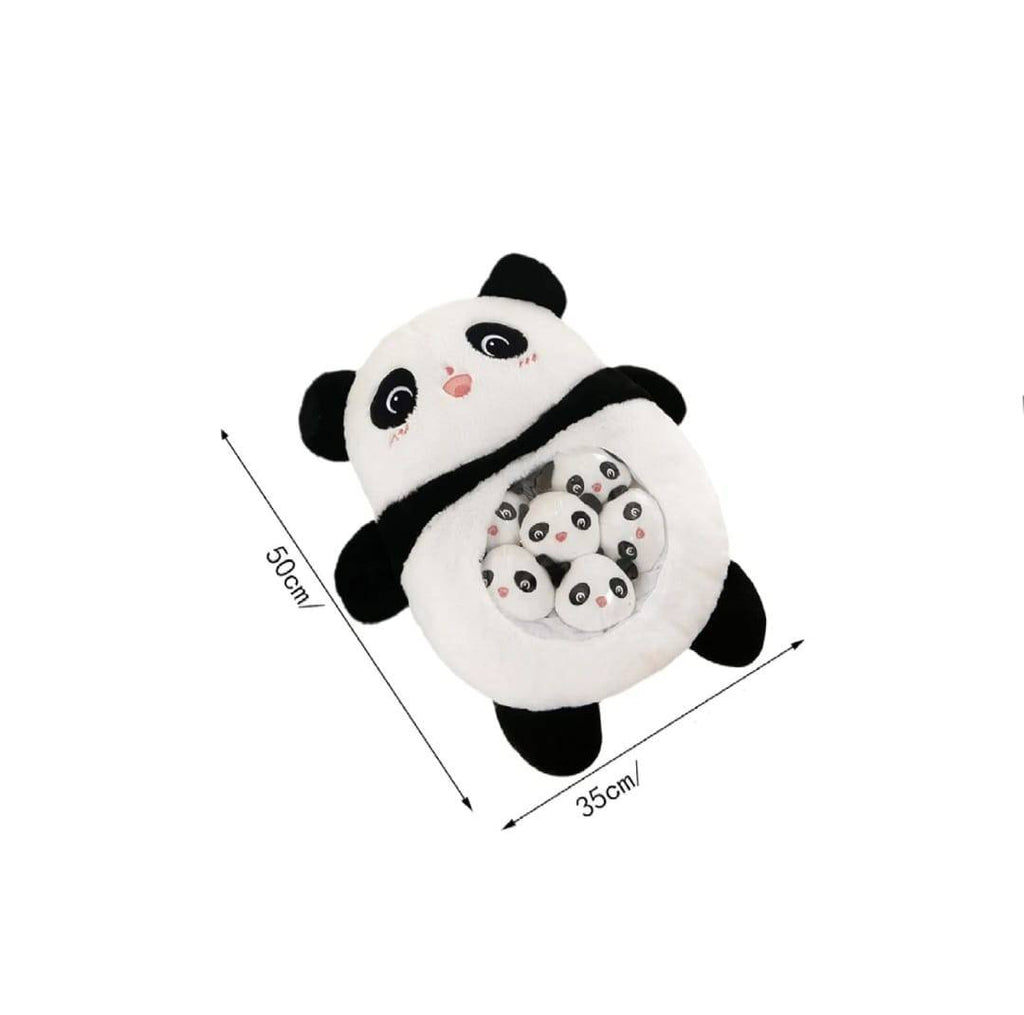 Jucarie de plus tip perna, Panda cu 6 pui, alb/multicolor, 45 cm