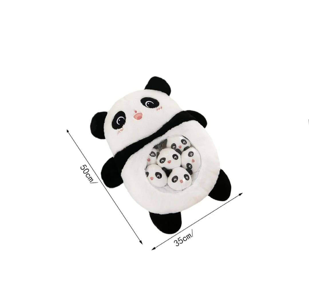 Jucarie de plus tip perna, Panda cu 6 pui, alb/multicolor, 45 cm