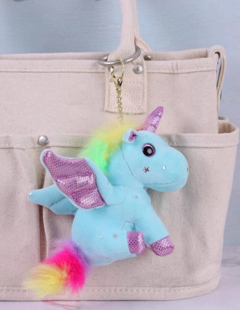 Jucarie de plus, Unicorn, tip breloc, bleu, 15 cm