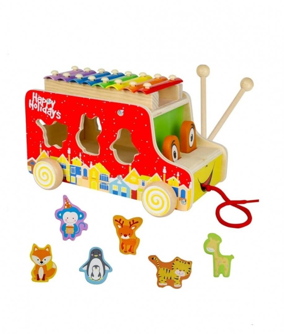 Jucarie de tras din lemn Autobuz cu xilofon si Animale, multicolor