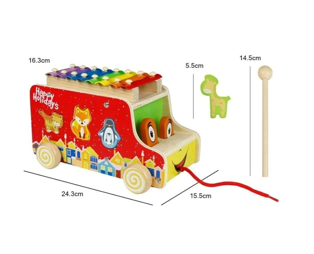 Jucarie de tras din lemn Autobuz cu xilofon si Animale, multicolor