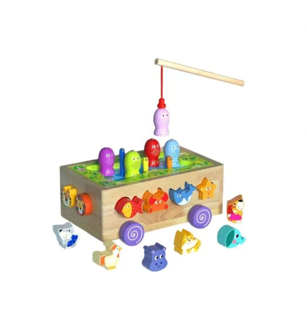 Jucarie de tras din lemn cu sortator, pescuit, forme si animale, multicolor, 18 luni + | Masha Shop