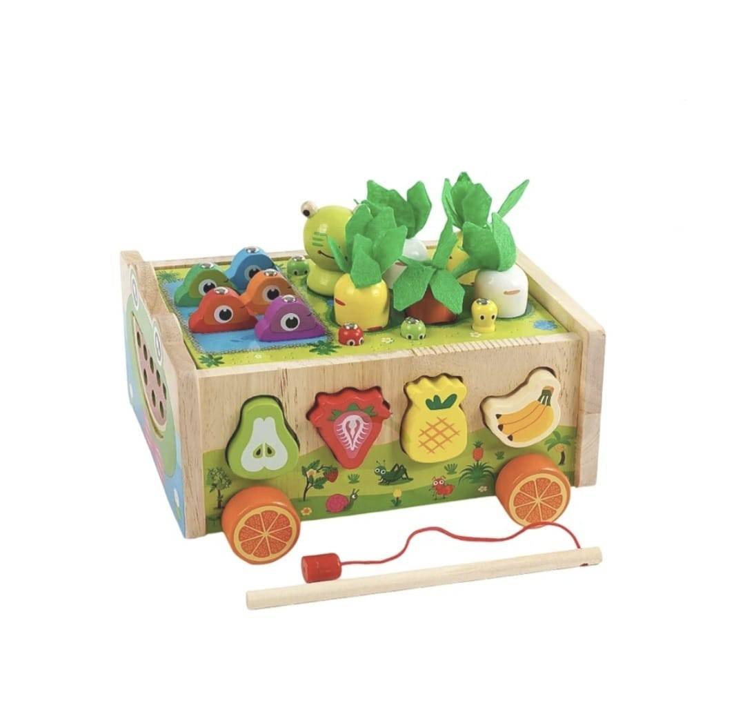 Jucarie de tras din lemn cu sortator pescuit,6 viermi, 10 fructe, 6 legume, multicolor, 18 luni+ | Masha Shop