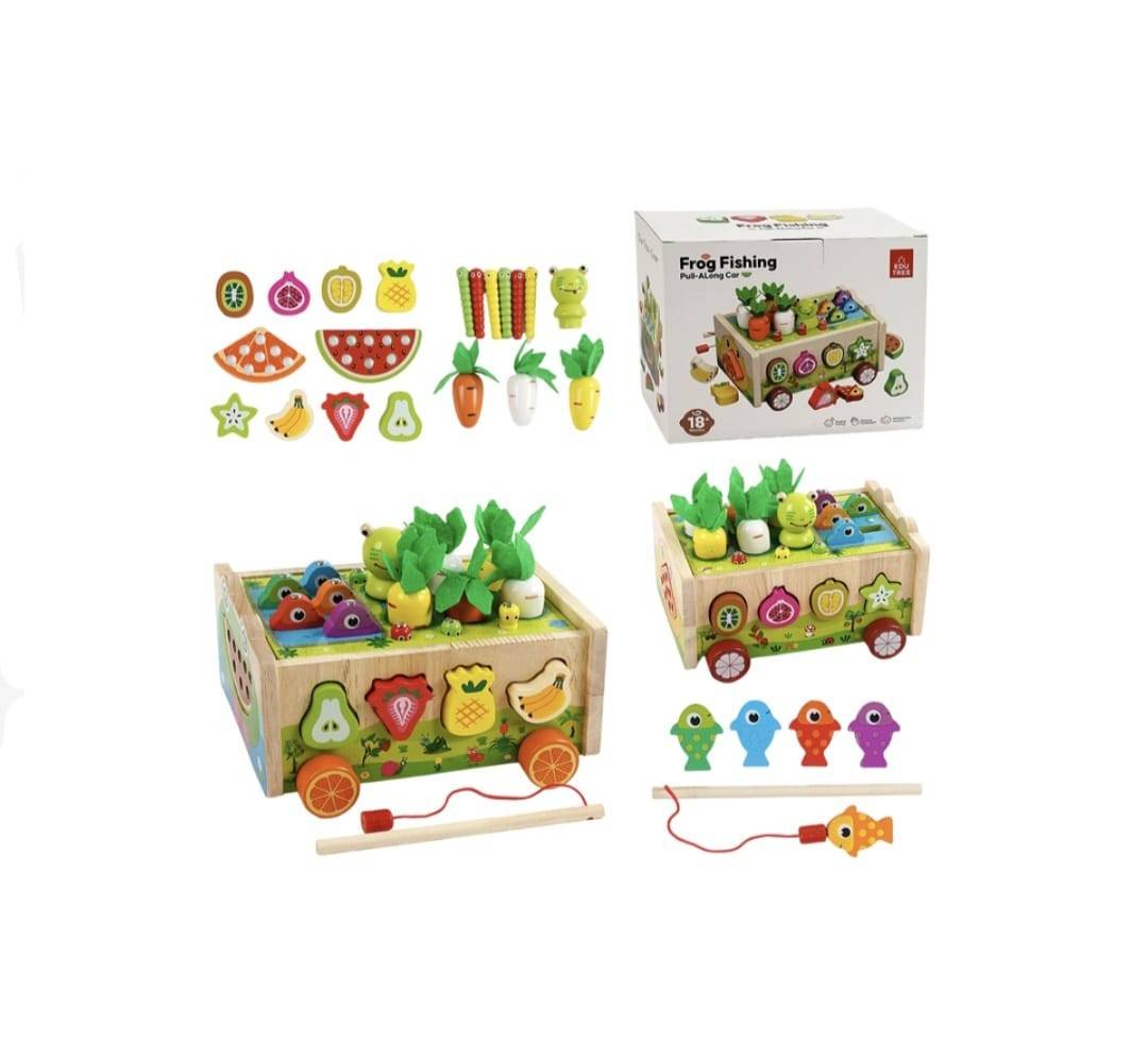 Jucarie de tras din lemn cu sortator pescuit,6 viermi, 10 fructe, 6 legume, multicolor, 18 luni+ – imagine 2 | Masha Shop