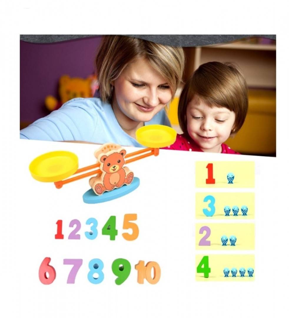 Jucarie educativa Balanta, Ursulet si Pestisori, lemn, 33 cm