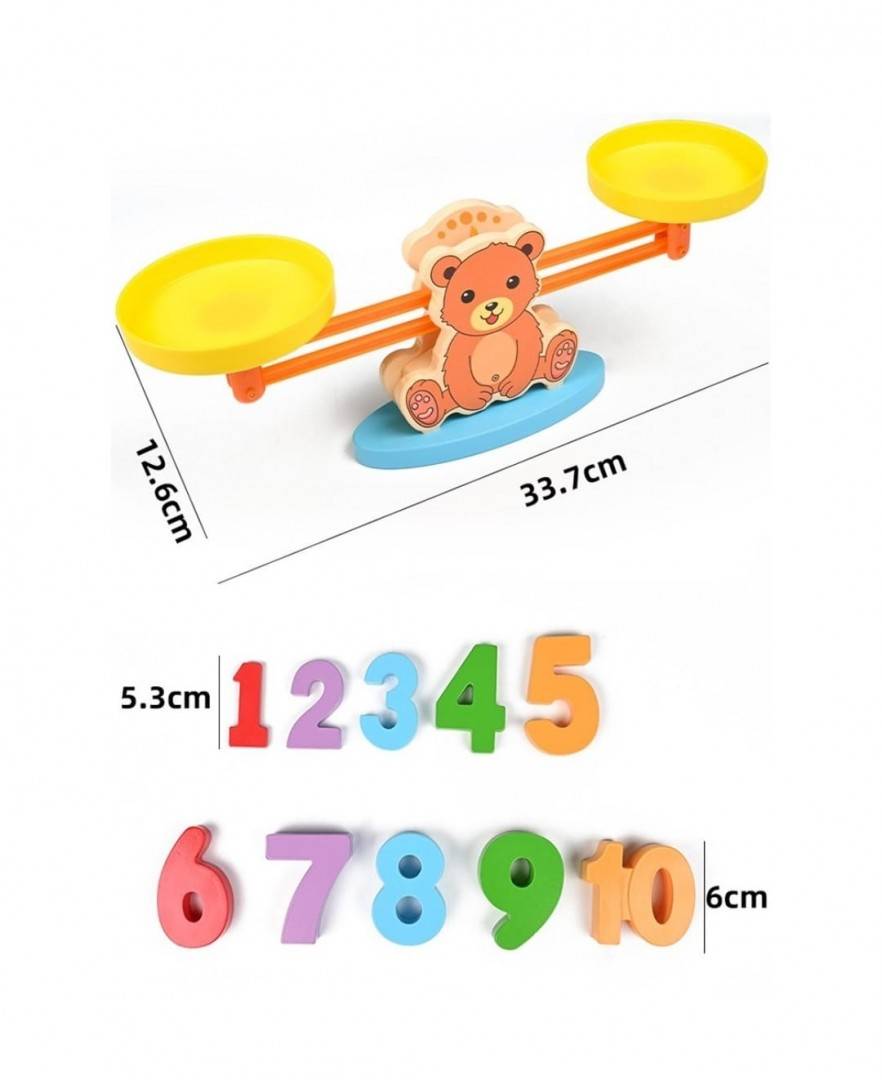Jucarie educativa Balanta, Ursulet si Pestisori, lemn, 33 cm