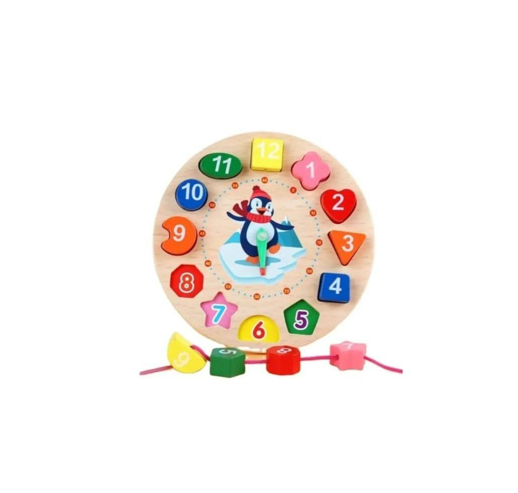 Jucarie educativa, Montessori, Ceas Pinguin, 12 piese, lemn, multicolor, 17 cm