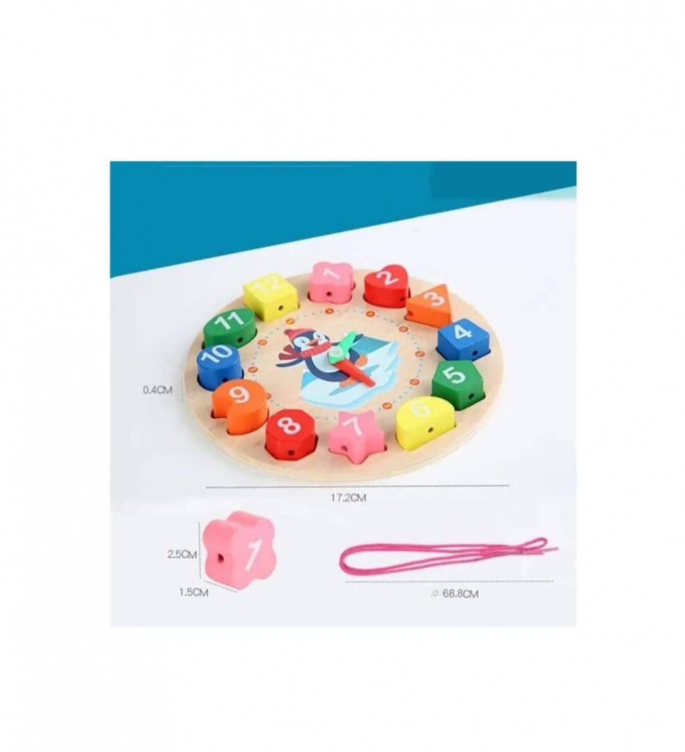 Jucarie educativa, Montessori, Ceas Pinguin, 12 piese, lemn, multicolor, 17 cm