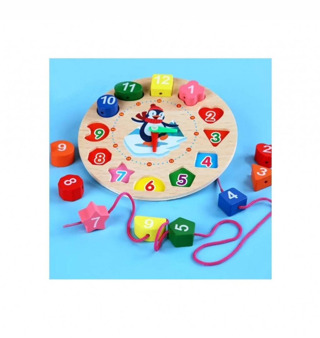 Jucarie educativa, Montessori, Ceas Pinguin, 12 piese, lemn, multicolor, 17 cm