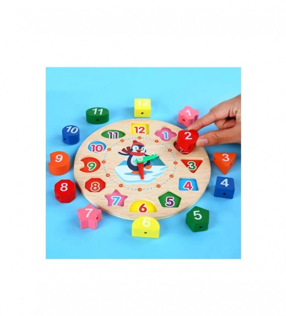 Jucarie educativa, Montessori, Ceas Pinguin, 12 piese, lemn, multicolor, 17 cm