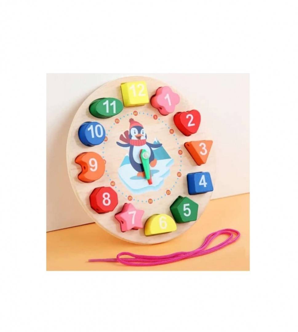 Jucarie educativa, Montessori, Ceas Pinguin, 12 piese, lemn, multicolor, 17 cm