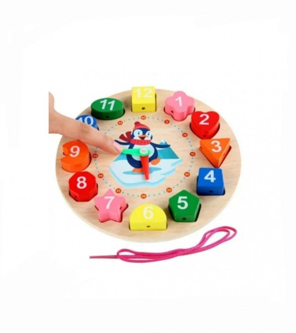 Jucarie educativa, Montessori, Ceas Pinguin, 12 piese, lemn, multicolor, 17 cm