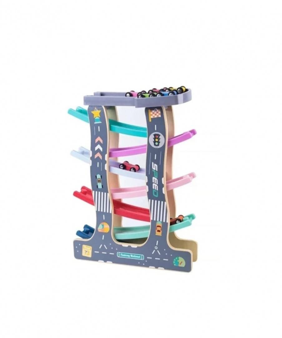 Jucarie inetractiva copii, Pista cu 7 rampe, circuit, 8 masinute, lemn, multicolor