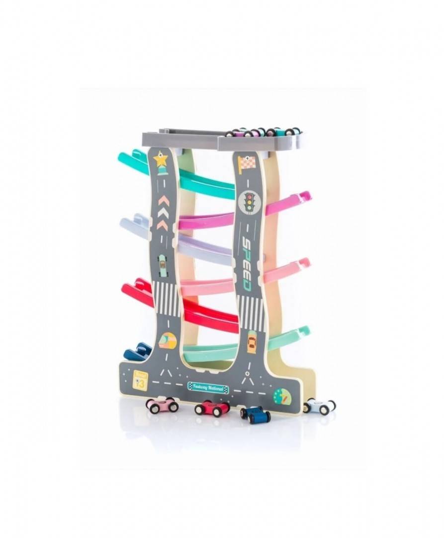 Jucarie inetractiva copii, Pista cu 7 rampe, circuit, 8 masinute, lemn, multicolor