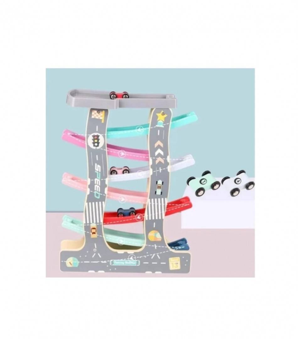 Jucarie inetractiva copii, Pista cu 7 rampe, circuit, 8 masinute, lemn, multicolor
