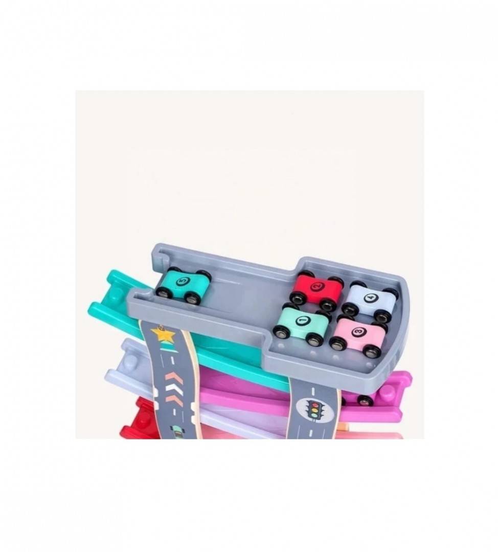 Jucarie inetractiva copii, Pista cu 7 rampe, circuit, 8 masinute, lemn, multicolor