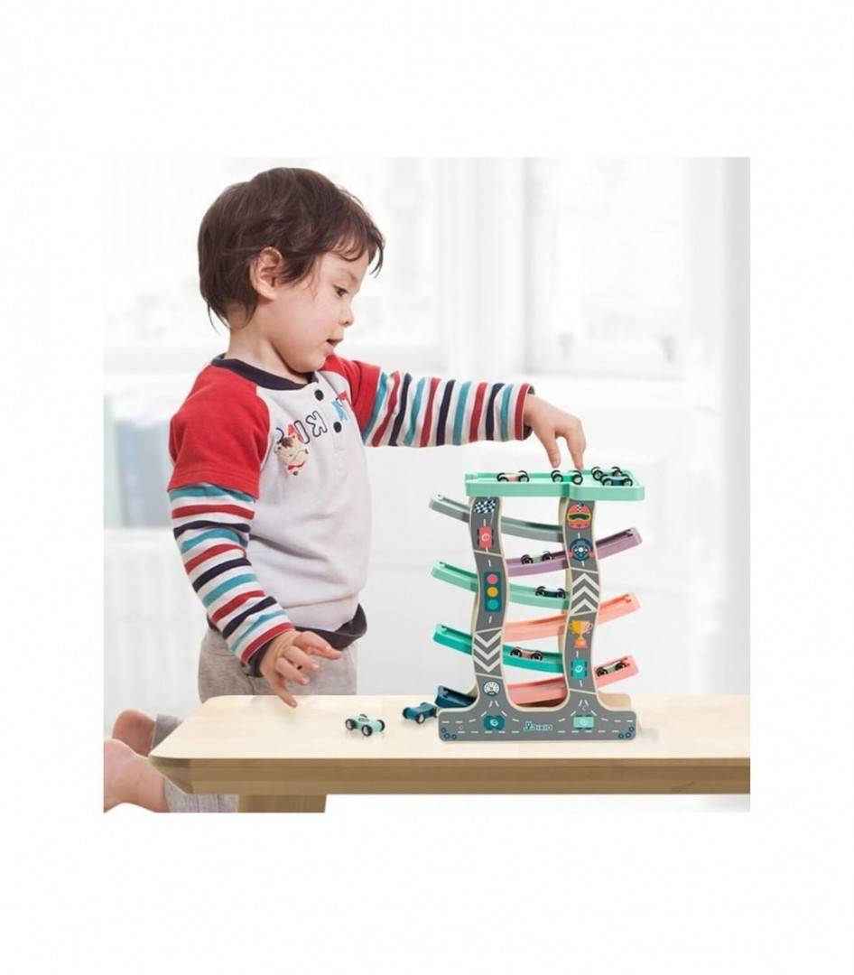 Jucarie inetractiva copii, Pista cu 7 rampe, circuit, 8 masinute, lemn, multicolor