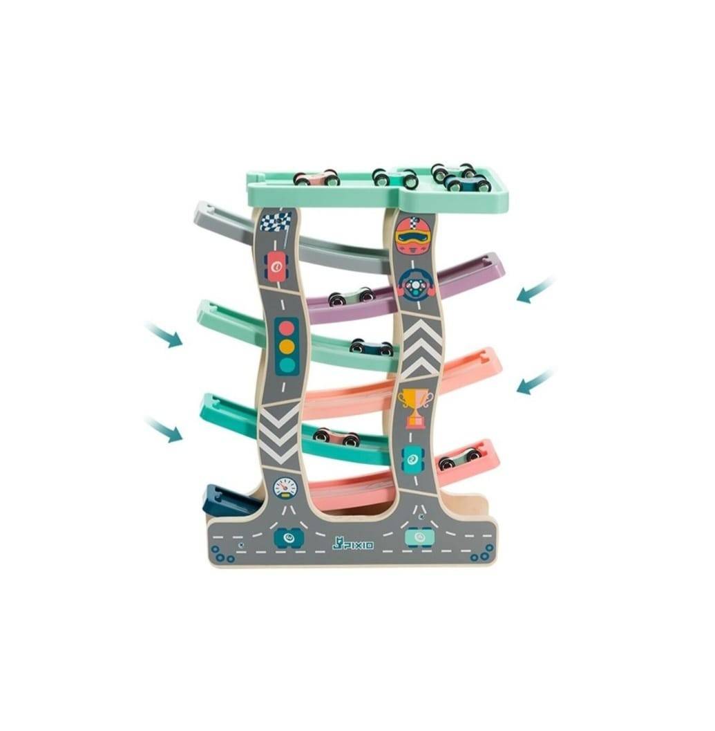Jucarie inetractiva copii, Pista cu 7 rampe, circuit, 8 masinute, lemn, multicolor