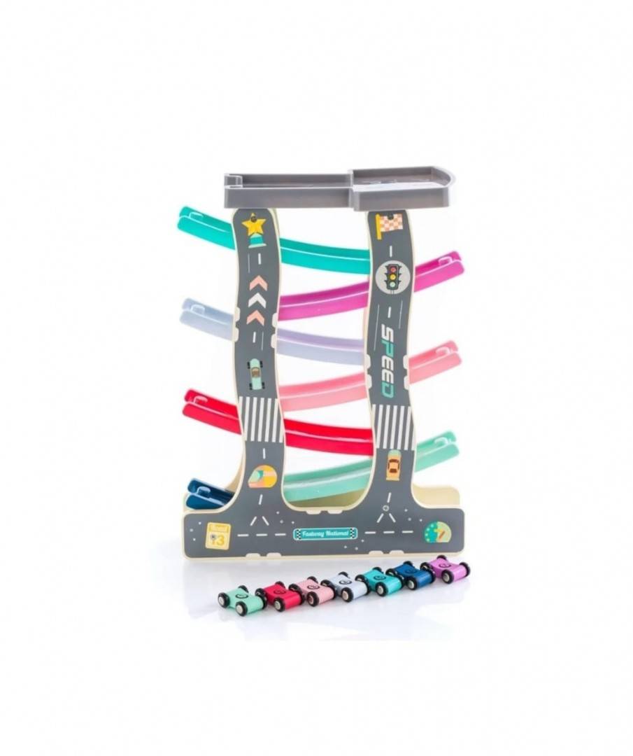 Jucarie inetractiva copii, Pista cu 7 rampe, circuit, 8 masinute, lemn, multicolor