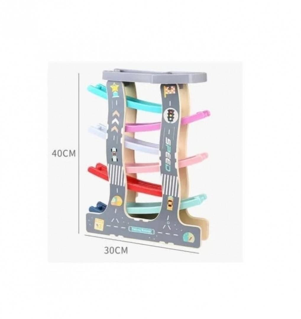 Jucarie inetractiva copii, Pista cu 7 rampe, circuit, 8 masinute, lemn, multicolor