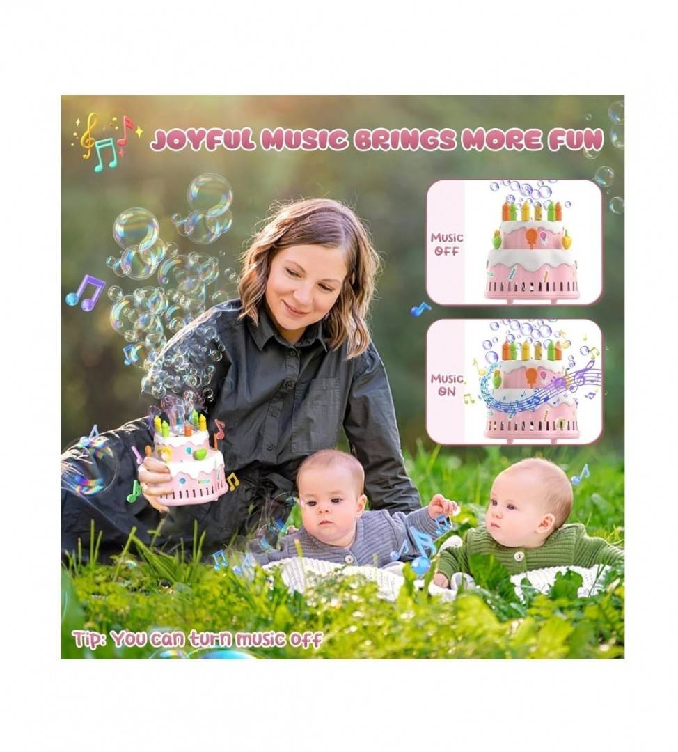 Jucarie interactiva, aparat baloane de sapun, model tort, lumini si sunete, roz