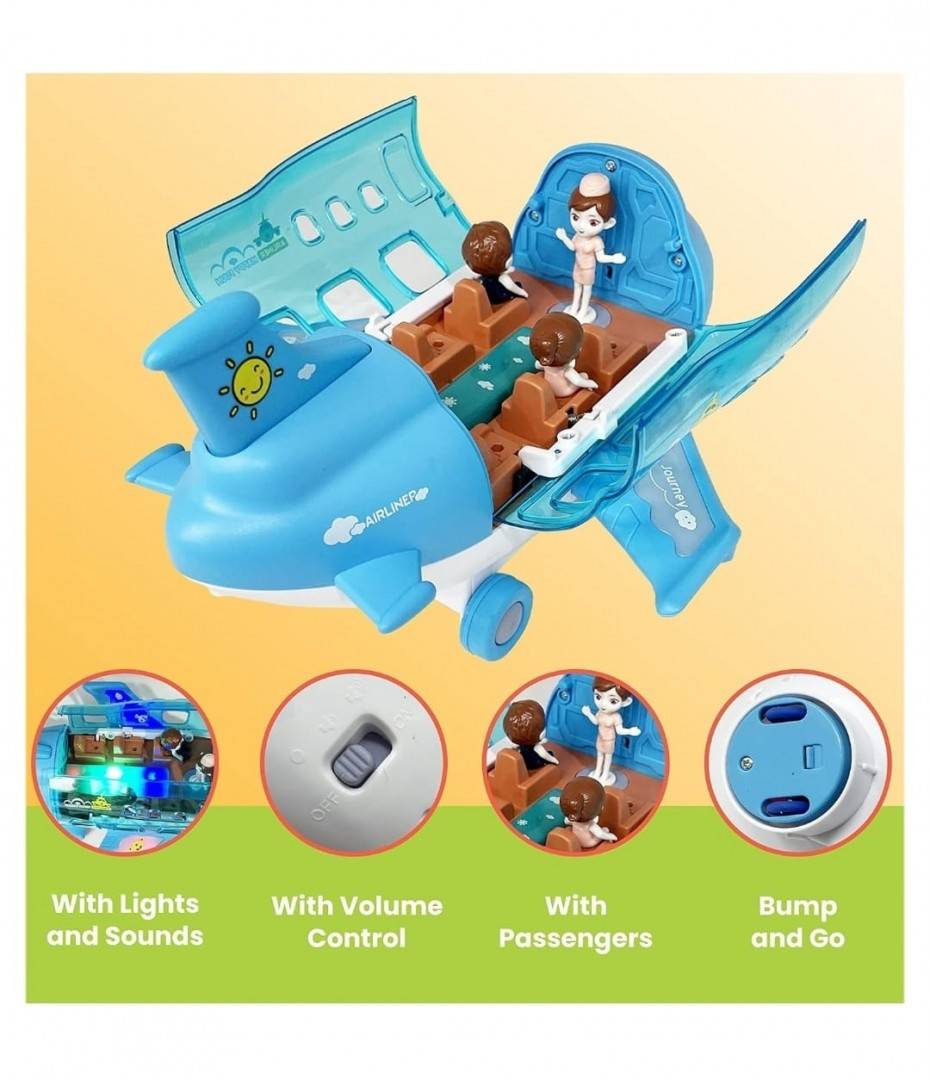Jucarie interactiva, Avionul cu pasageri, lumini si sunete, albastru, 26 cm
