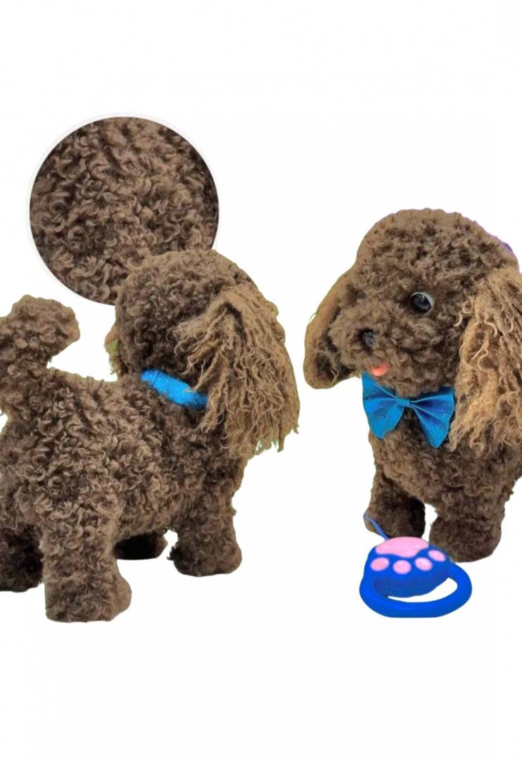 Jucarie interactiva, Catel cu lesa, MASHASHOP, merge, sunet, maro inchis, 30 cm