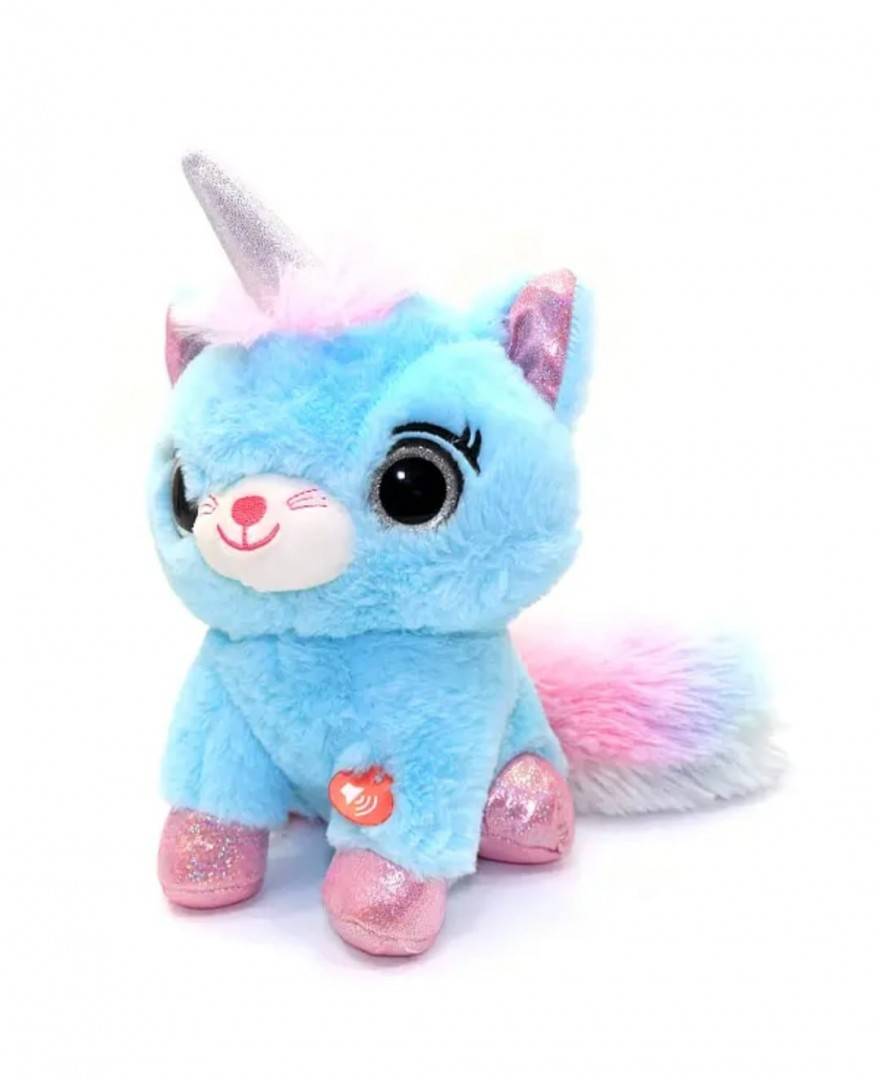 Jucarie interactiva de plus, tip Pisicuta Inorog, Glowcorns, Llamacorn, bleu, 30 cm
