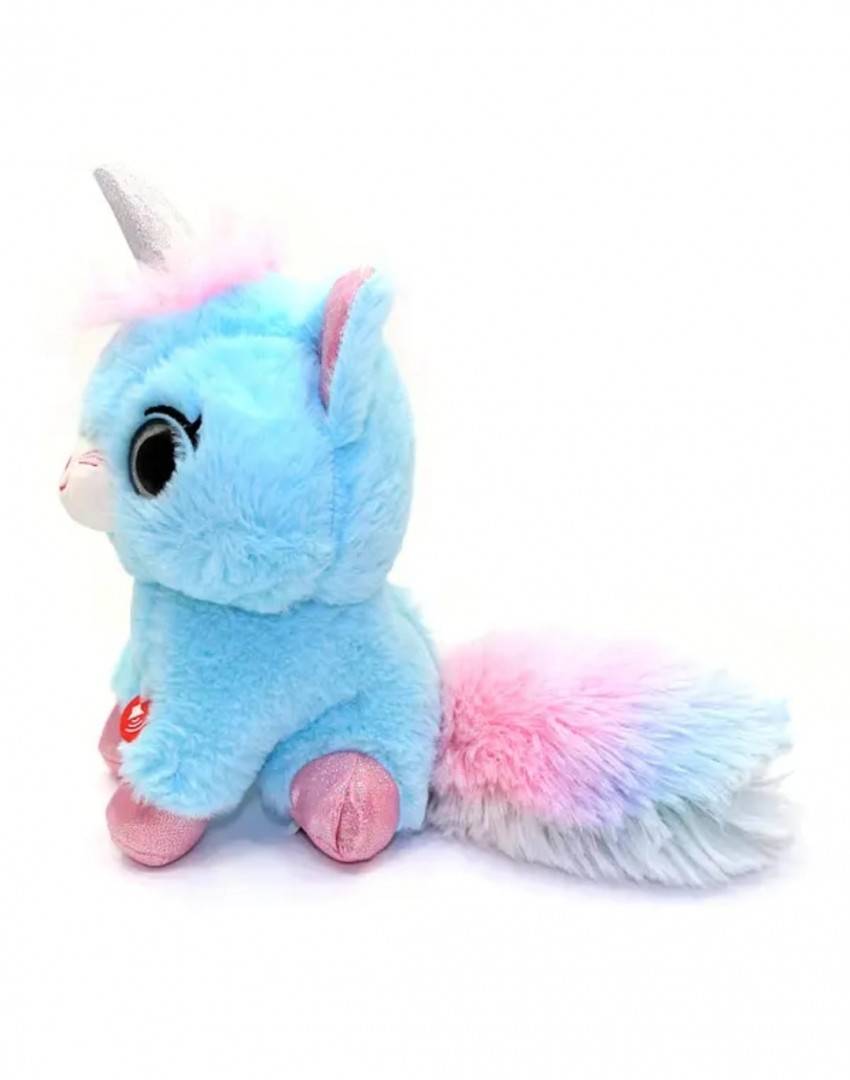 Jucarie interactiva de plus, tip Pisicuta Inorog, Glowcorns, Llamacorn, bleu, 30 cm