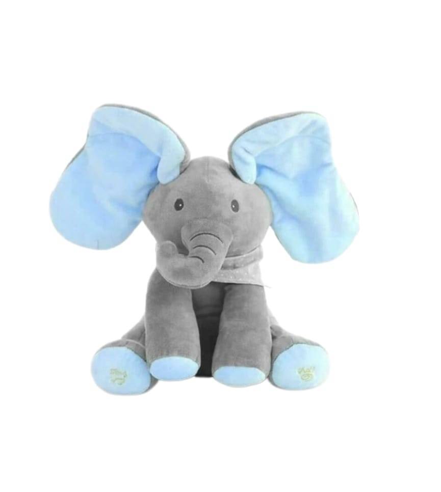 Jucarie interactiva, Elefant Cucu Bau, canta si vorbeste in limba romana, gri/albastru, 35 cm
