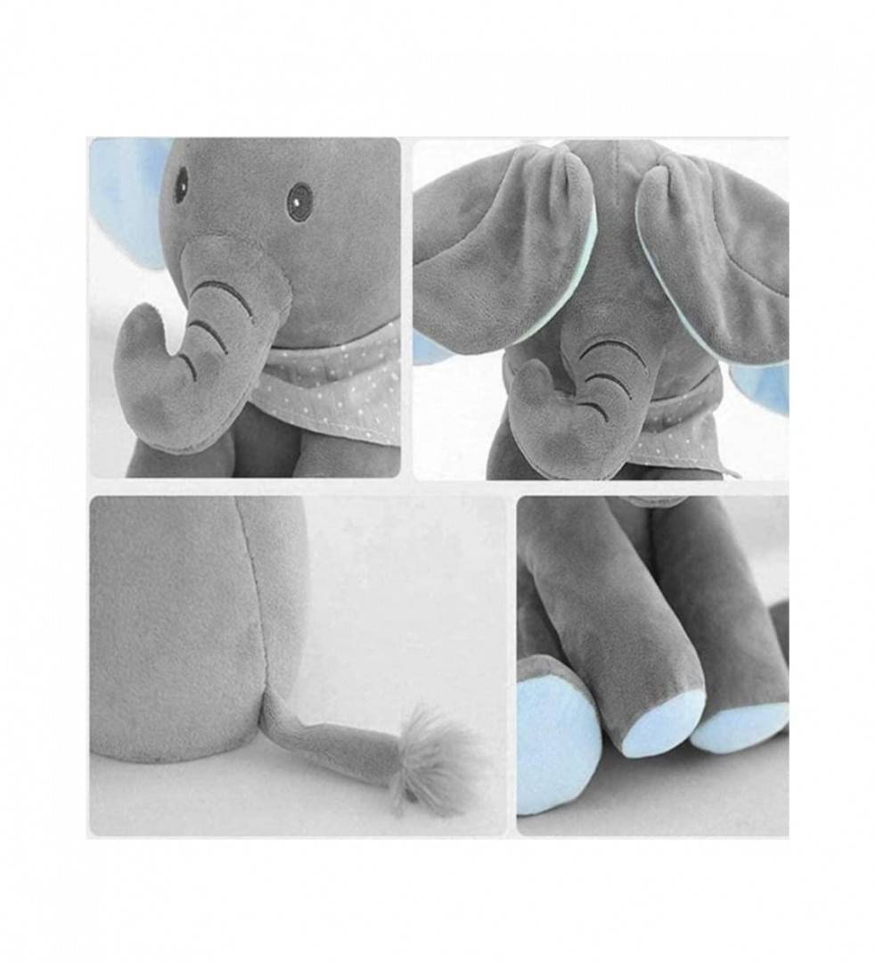 Jucarie interactiva, Elefant Cucu Bau, canta si vorbeste in limba romana, gri/albastru, 35 cm