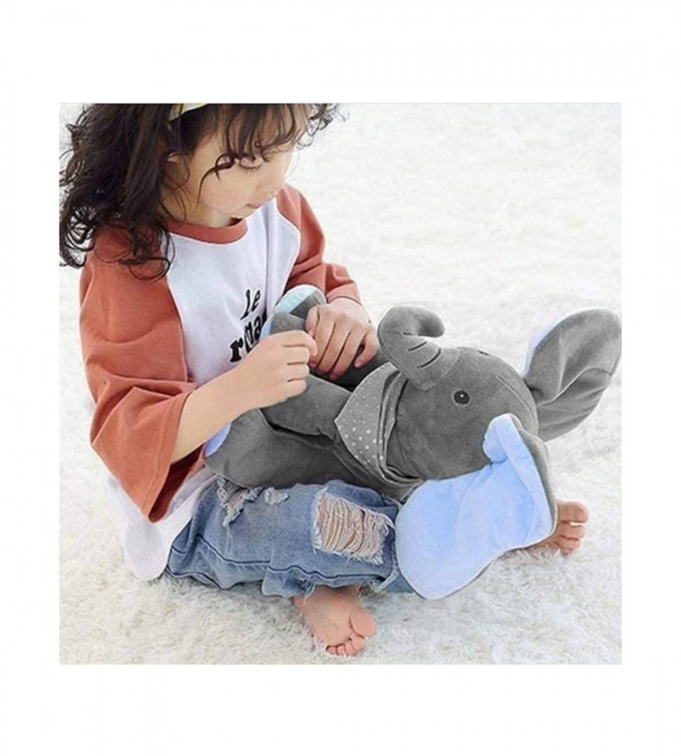 Jucarie interactiva, Elefant Cucu Bau, canta si vorbeste in limba romana, gri/albastru, 35 cm