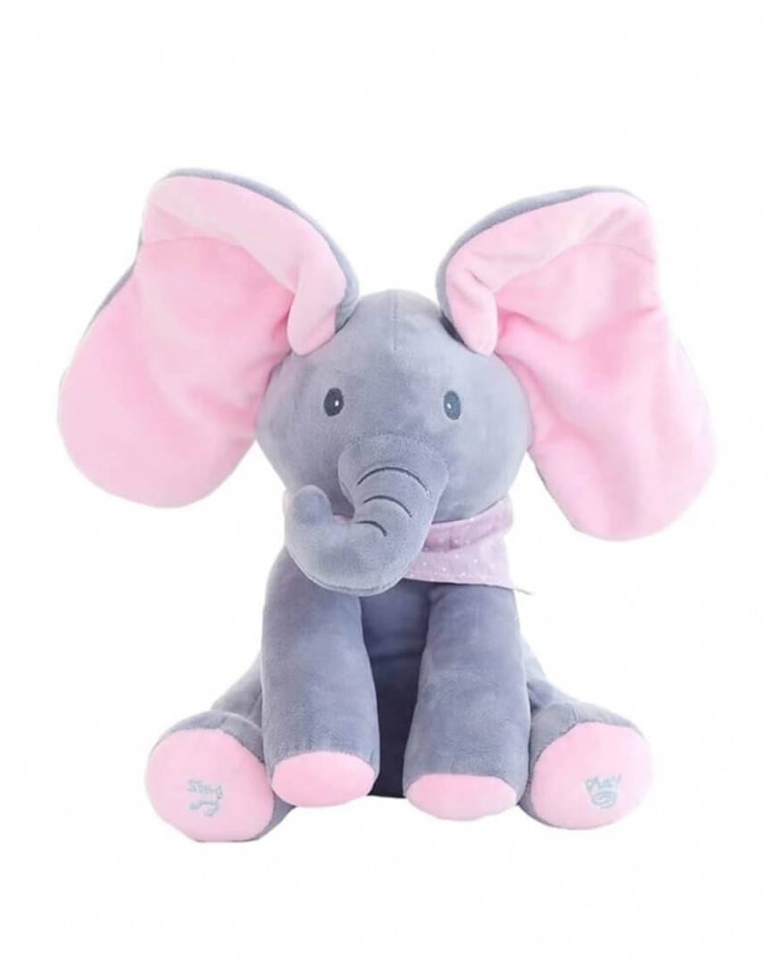 Jucarie interactiva, Elefant Cucu Bau, canta si vorbeste in limba romana, gri/roz, 35 cm