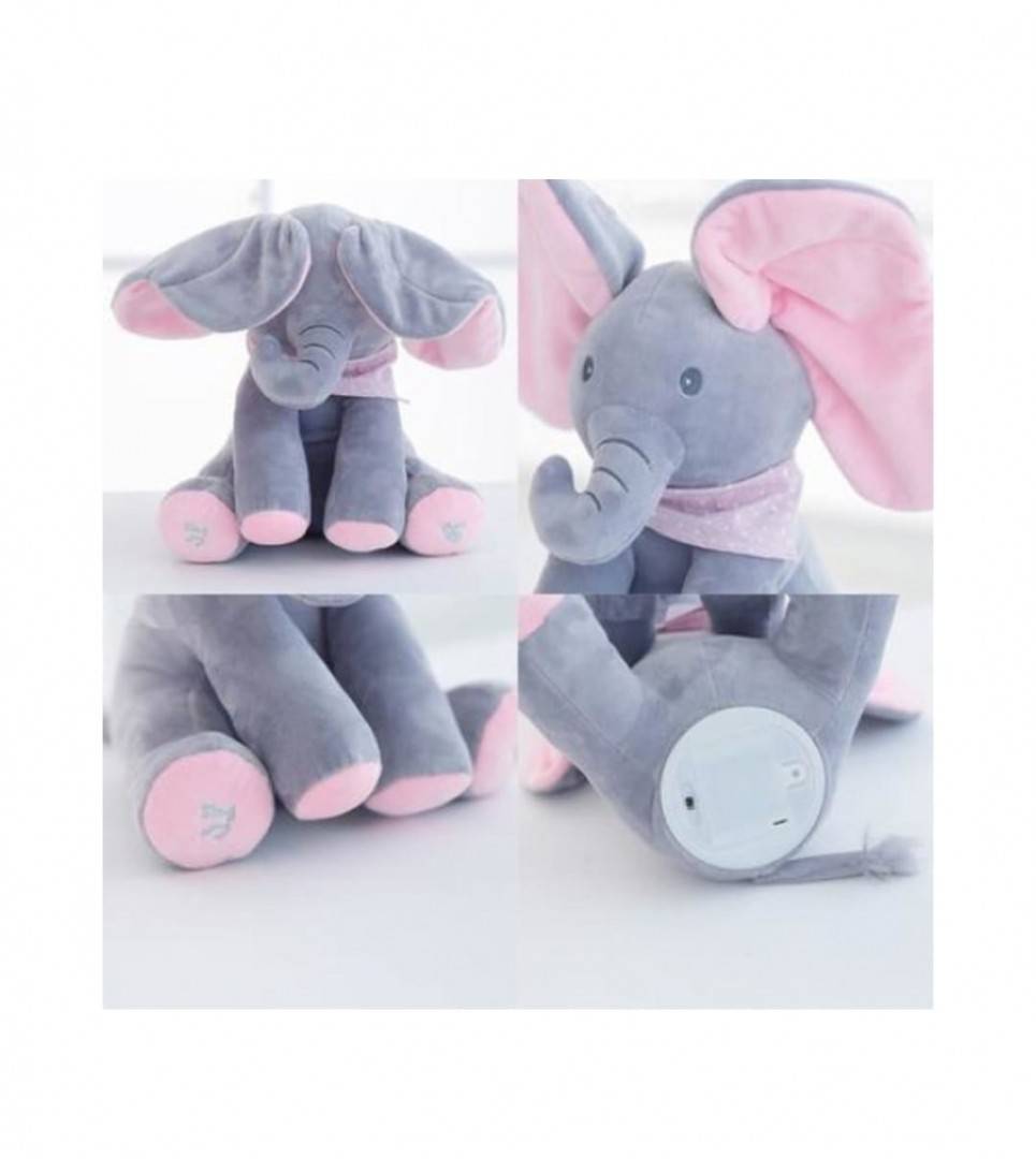 Jucarie interactiva, Elefant Cucu Bau, canta si vorbeste in limba romana, gri/roz, 35 cm