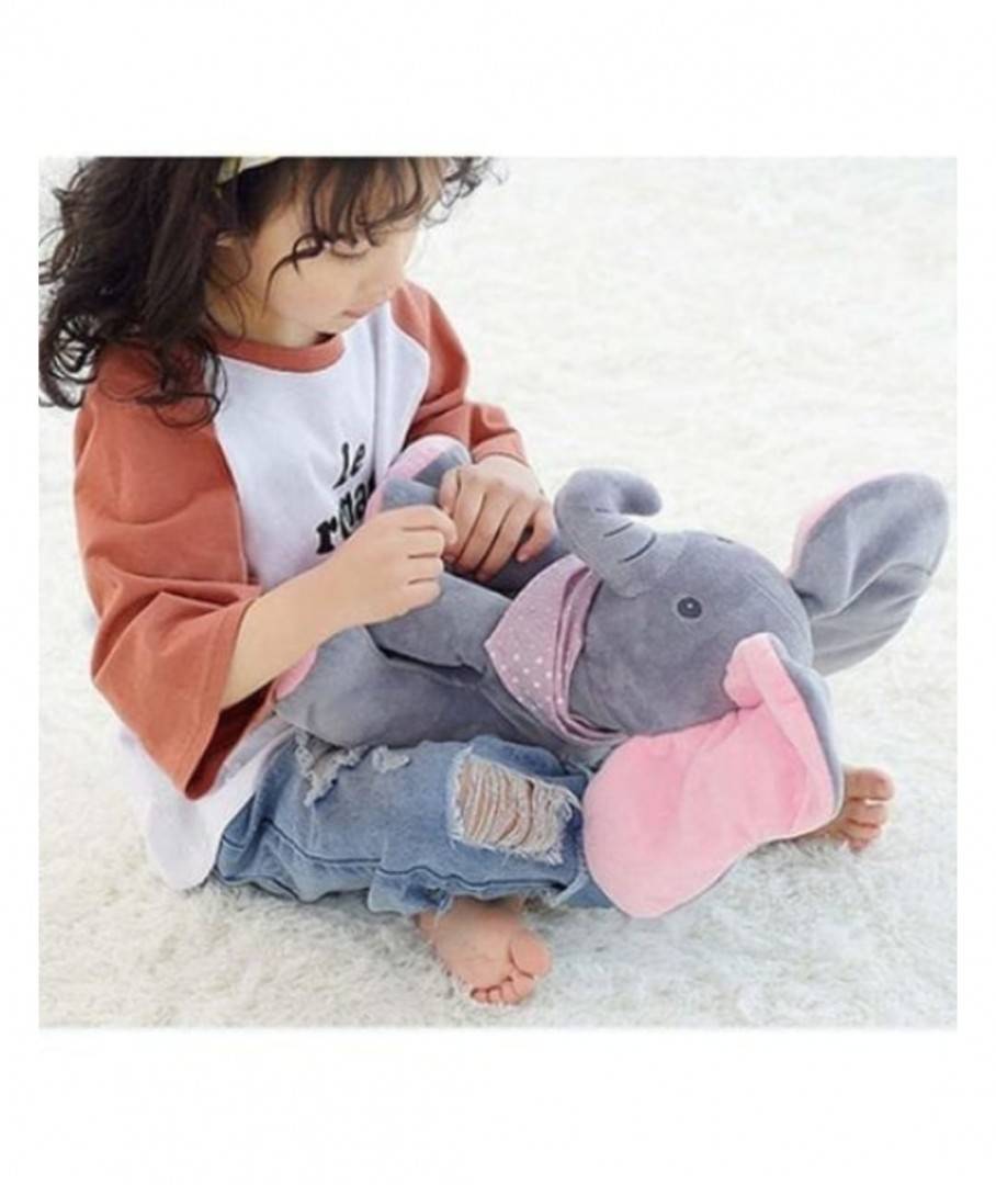 Jucarie interactiva, Elefant Cucu Bau, canta si vorbeste in limba romana, gri/roz, 35 cm