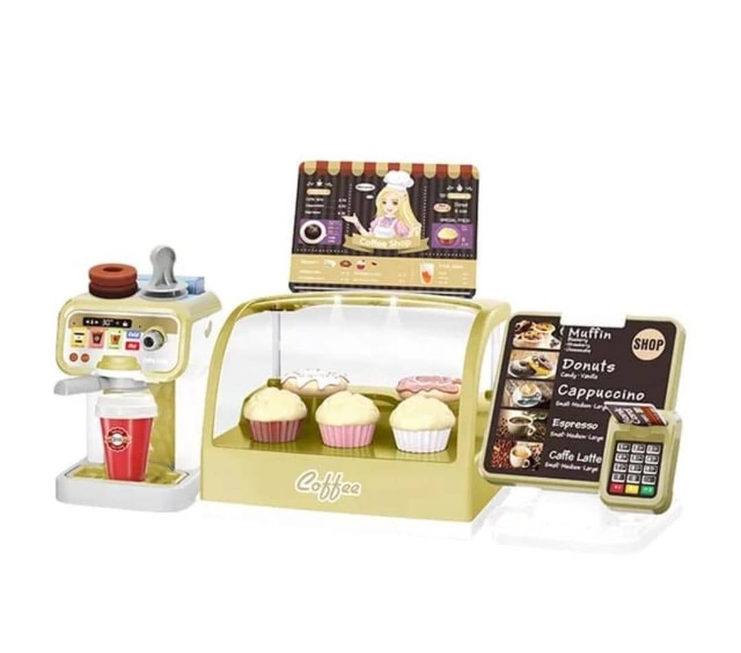 Jucarie interactiva, Set Coffe Shop cu accesorii, sunete si lumini, multicolor, 35 cm