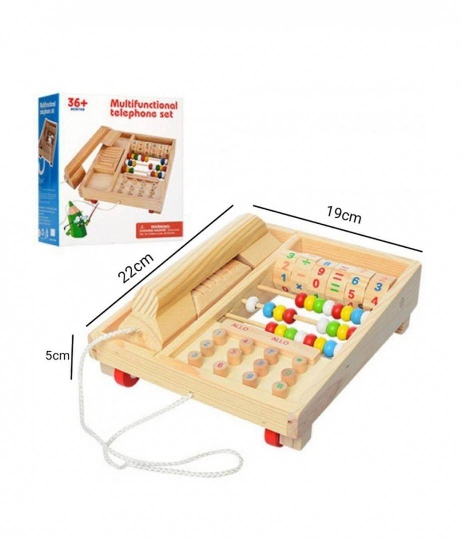 Jucarie Montessori, Telefon din lemn cu numaratoare, multicolor, 22 cm