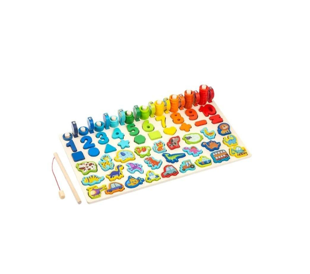 Jucarie multifunctionala din lemn puzzle 3D, montessori, joc de stivuit, joc de pescuit magnetic vehicule, multicolor, 3 ani+
