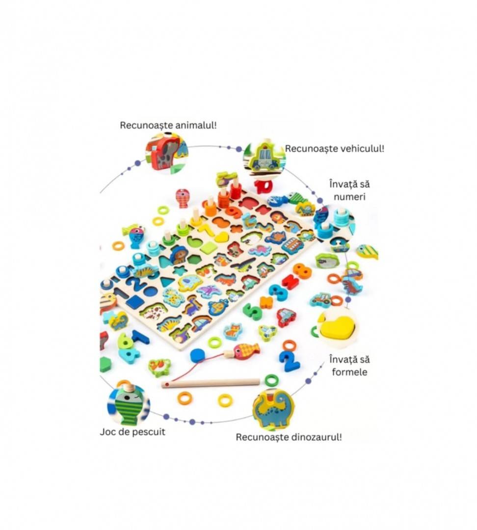 Jucarie multifunctionala din lemn puzzle 3D, montessori, joc de stivuit, joc de pescuit magnetic vehicule, multicolor, 3 ani+