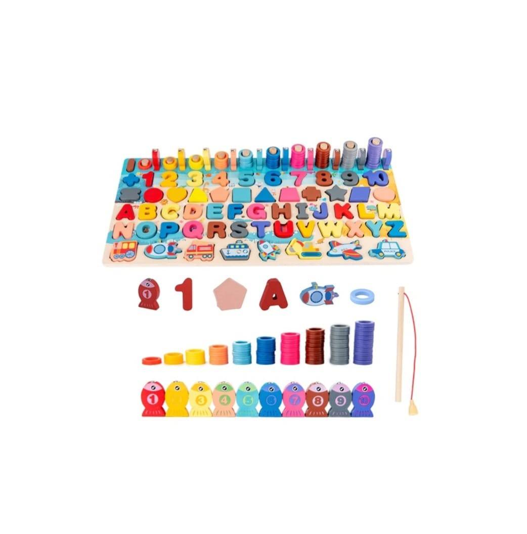 Jucarie multifunctionala din lemn puzzle 3D, montessori, joc de stivuit, joc de pescuit magnetic vehicule, multicolor, 3 ani+