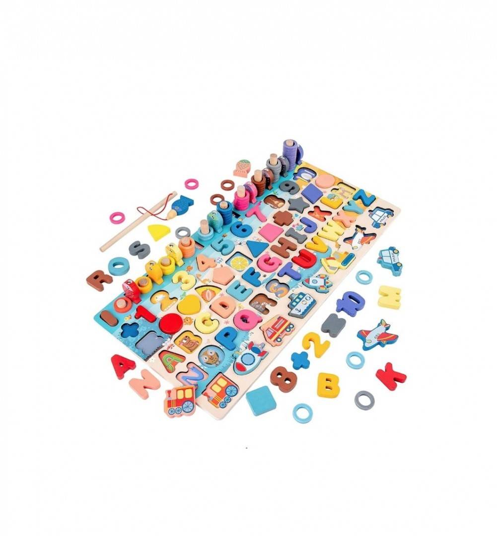 Jucarie multifunctionala din lemn puzzle 3D, montessori, joc de stivuit, joc de pescuit magnetic vehicule, multicolor, 3 ani+