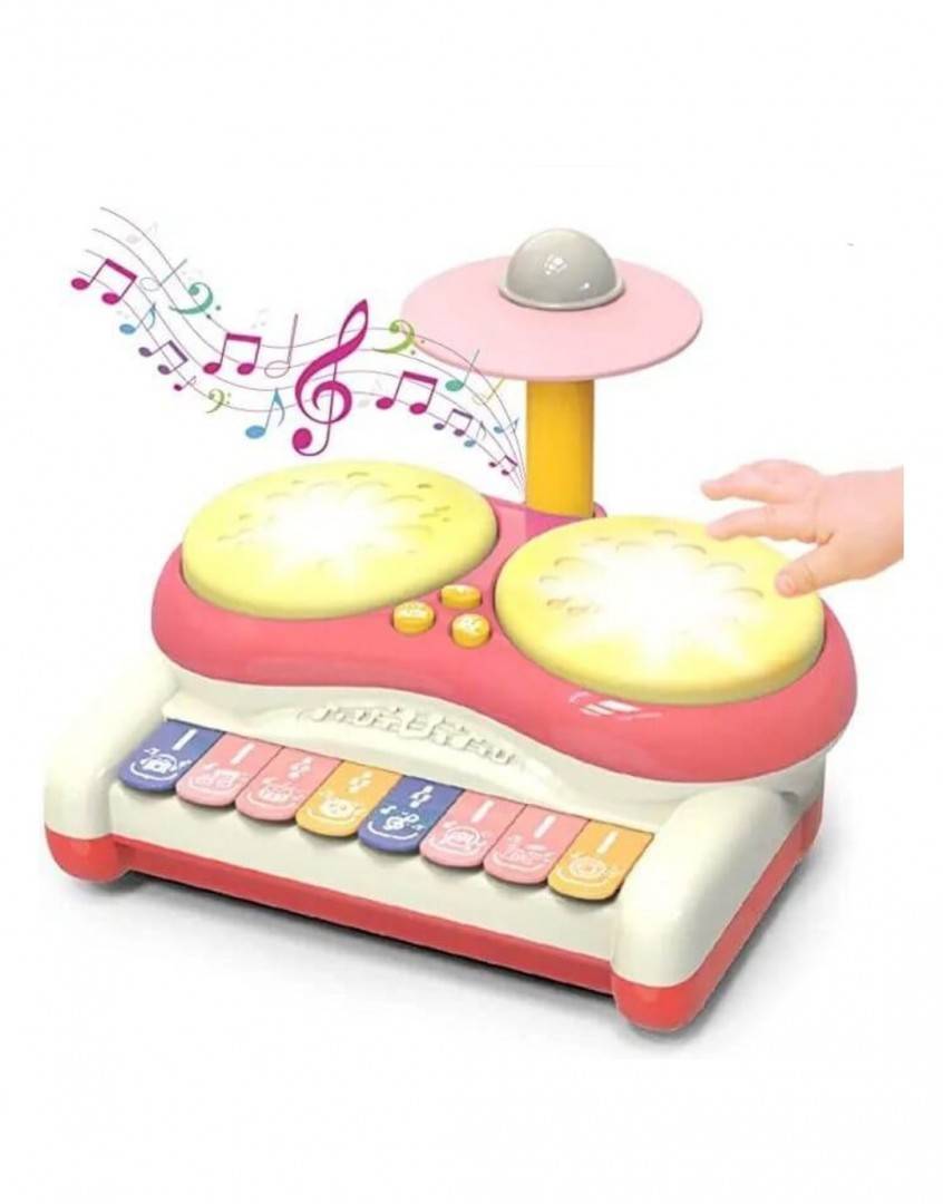 Jucarie muzicala 2in1 pentru bebelusi, Toba cu pian si lumini, Jazz Drum, roz
