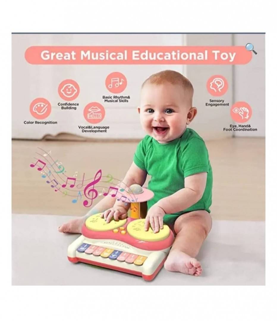 Jucarie muzicala 2in1 pentru bebelusi, Toba cu pian si lumini, Jazz Drum, roz