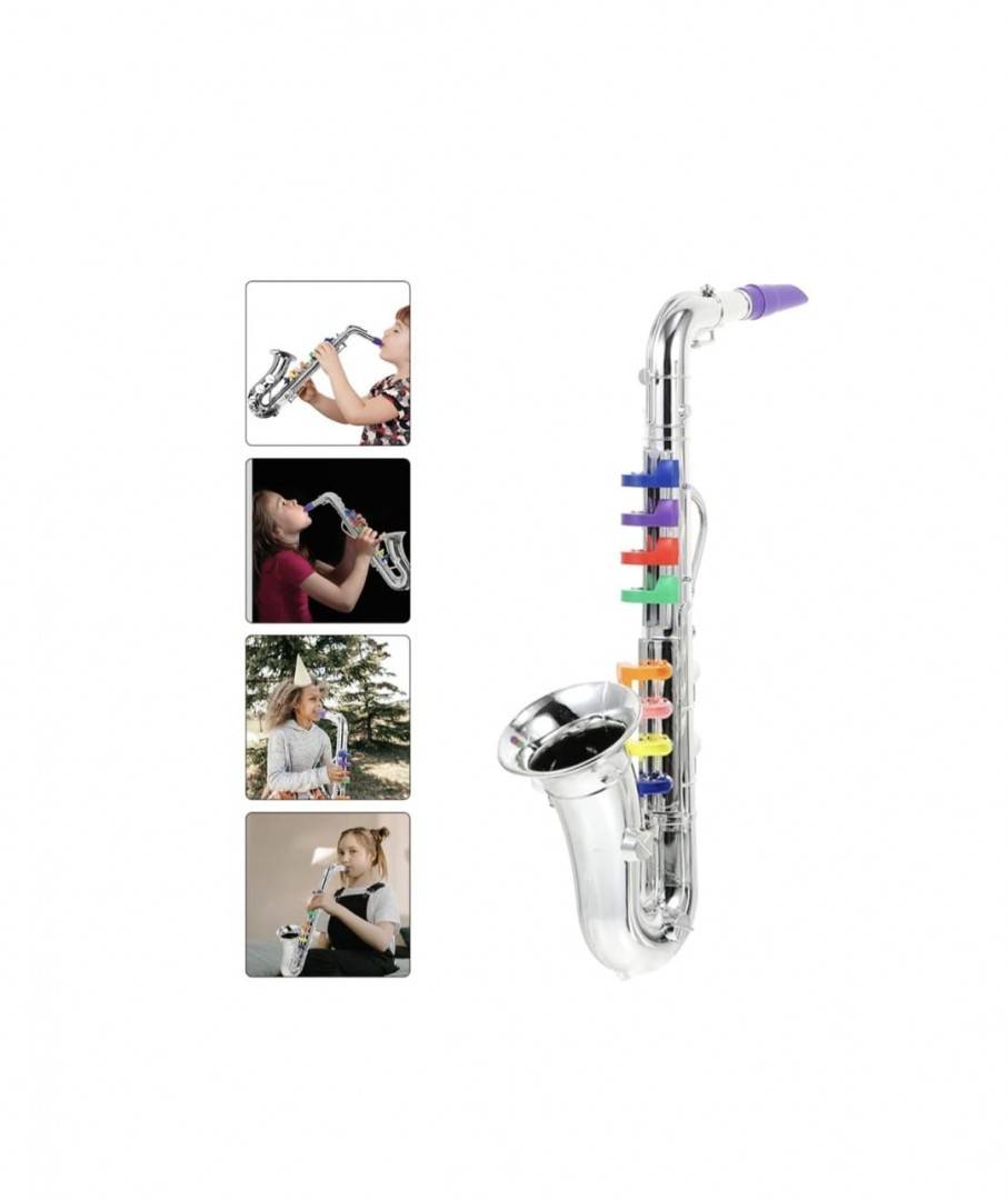Jucarie muzicala, Saxofon de suflat, 8 clapete, argintiu, 39 cm