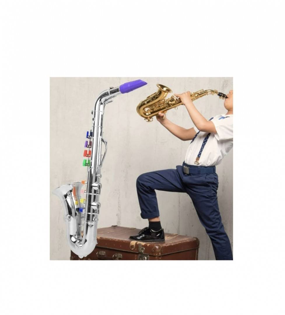 Jucarie muzicala, Saxofon de suflat, 8 clapete, argintiu, 39 cm