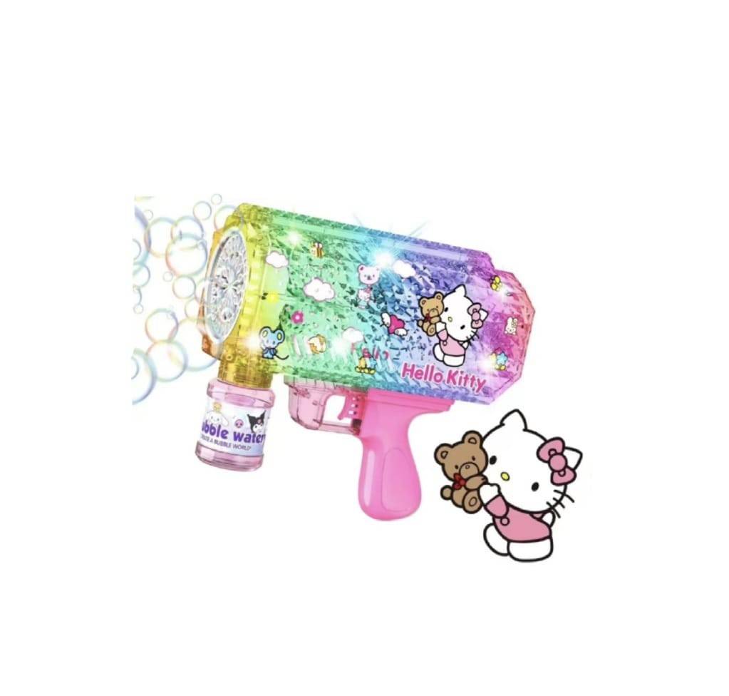 Jucarie Pistol de facut baloane de sapun, model Hello Kitty, cu acumulator si lumini, transparent, 18.5 cm