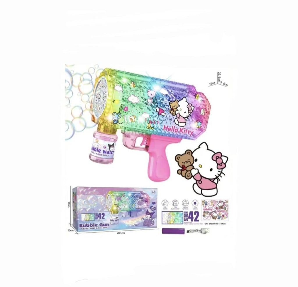 Jucarie Pistol de facut baloane de sapun, model Hello Kitty, cu acumulator si lumini, transparent, 18.5 cm